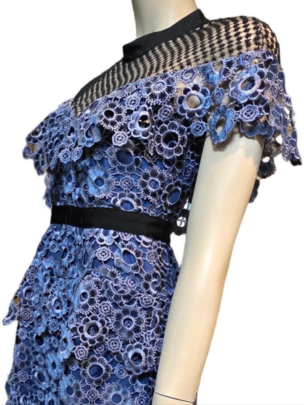 NWT Self-Portrait Sweetheart Yoke Frill Lace Midi Dress Slate Blue - Picture 10 of 16